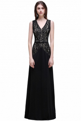 V-Neck Long Black A-line Lace Prom Dresses_1