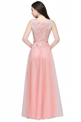 Long A-line Jewel Neck  Tulle Pink Prom Dresses with Sash_5