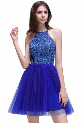 A-line Halter Neck Short Tulle Royal Blue Homecoming Dresses with Beading_1