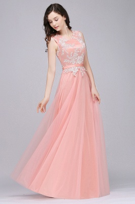 Long A-line Jewel Neck  Tulle Pink Prom Dresses with Sash_9