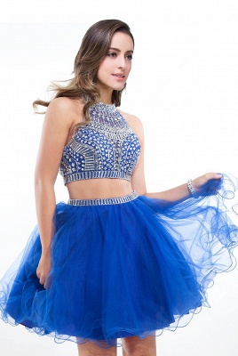Two-piece Halter Sleeveless Short Tulle Prom Dresses with Crystal Beads_2