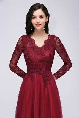 A-line V-neck Long Sleeves Lace Tulle Backless Prom Dresses_11