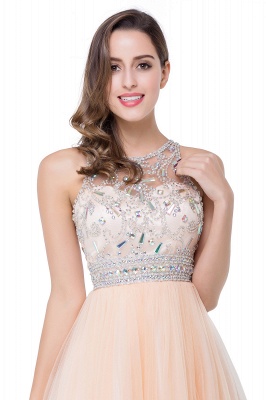 A-line Crew Sleeveless Tulle Short Prom Dresses with Beadings_9