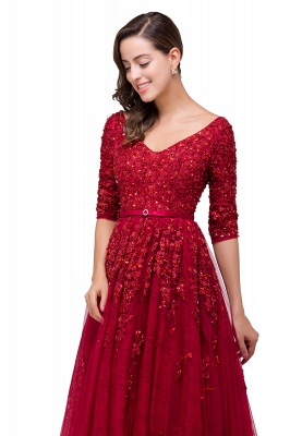 Lace Appliques A-Line Floor-Length V-neck Half Sleeves  Prom Dresses_5