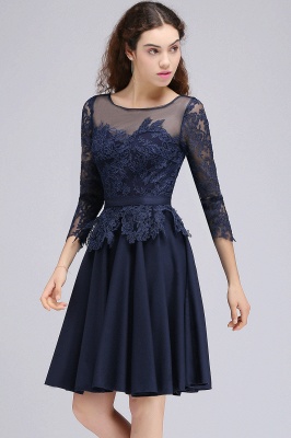 A-line Sheer Neck Short Dark Navy Homecoming Dresses with Lace Appliques_5