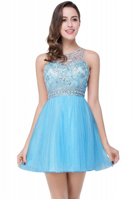 A-line Crew Sleeveless Tulle Short Prom Dresses with Beadings_4