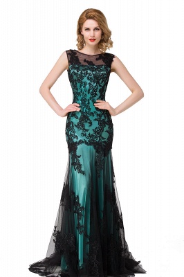 Applique Scoop Neck Mermaid Black lace  Evening Prom dresses_6