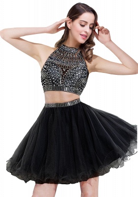 Two-piece Halter Sleeveless Short Tulle Prom Dresses with Crystal Beads_3
