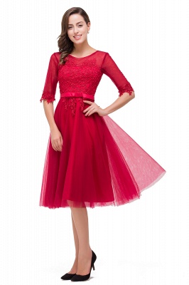 A-Line Half Sleeves Knee Length Tulle Prom Dresses with Embroidered Flowers_8
