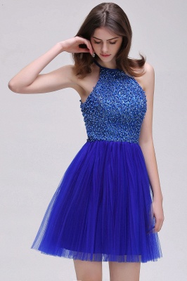 A-line Halter Neck Short Tulle Royal Blue Homecoming Dresses with Beading_7