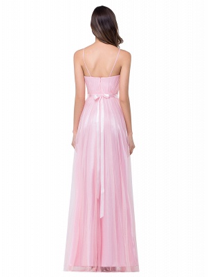 Una línea de novia de palabra de longitud rosa tul volantes vestidos de dama de honor_3