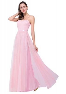 Una línea de novia de palabra de longitud rosa tul volantes vestidos de dama de honor_9