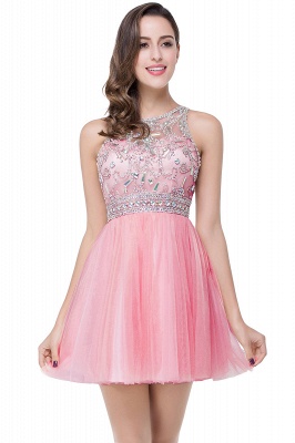 A-line Crew Sleeveless Tulle Short Prom Dresses with Beadings_1