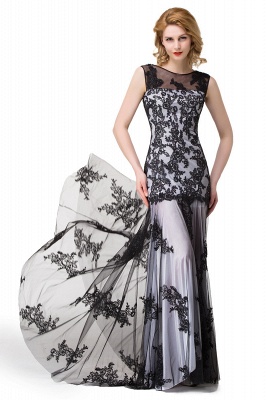 Applique Scoop Neck Mermaid Black lace  Evening Prom dresses_13