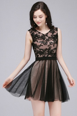 A-line Crew Short Sleeveless Tulle Lace Appliques Prom Dresses_5