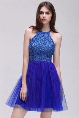 A-line Halter Neck Short Tulle Royal Blue Homecoming Dresses with Beading_4