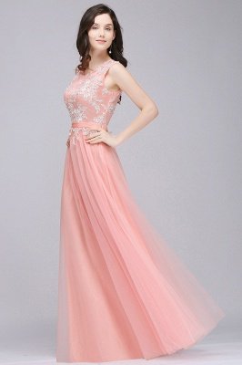 Long A-line Jewel Neck  Tulle Pink Prom Dresses with Sash_6