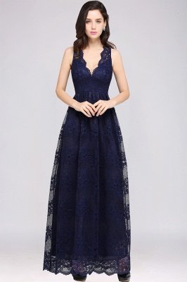 Sheath V-neck Floor-length Lace Navy Blue Prom Dress_10