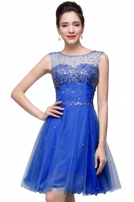 A-line Sleeveless Crew Short Tulle Prom Dresses with Crystal Beads_5