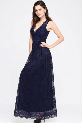 Sheath V-neck Floor-length Lace Navy Blue Prom Dress_12