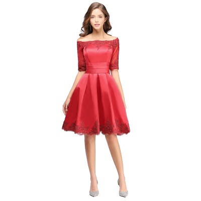 A-line Off-shoulder Half Sleeves Short Lace Appliques Prom Dresses_2