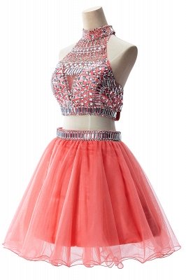 Two-piece Halter Sleeveless Short Tulle Prom Dresses with Crystal Beads_12