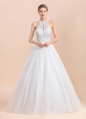 Gorgeous Halter Rhinstones Wedding Dress White Tulle Lace Appliques Aline Bridal Gown