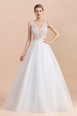 Elegant V-Neck Floral Lace A-line Wedding Dress Beach Sleeveless Tulle Church Dress