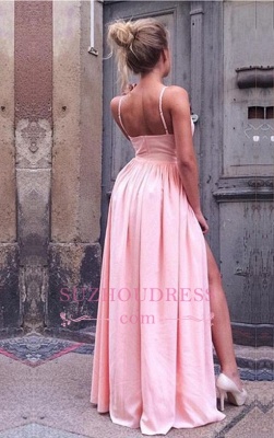 Simple Pink V-Neck A-Line Prom Dresses | Side-Slit Spaghetti-Straps Evening Dresses_3