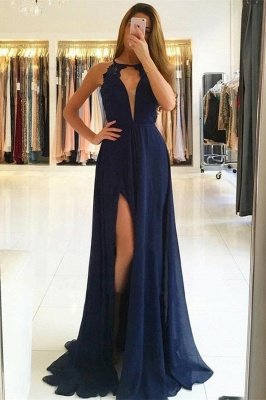 Elegant A-line Chiffon Evening Dresses 2018 | Open Back Side Slit Prom Dress_2