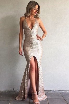 Sirène dos nu sexy robes de bal formelles 2023 col en V devant fendu robe de soirée à paillettes_1