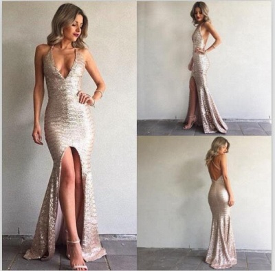Mermaid Backless Sexy Formal Ball Dresses 2023 V-Neck Front Split Sequined Evening Gown_2