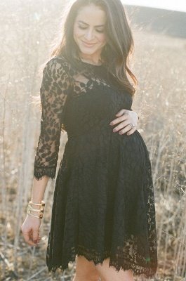 Elegant Black Lace Maternity Dress 3/4 Long Sleeve Short Baby Shower Dresses_1