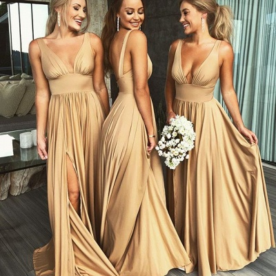Long Sexy Deep V Neck Side Slit Prom Bridesmaid Dresses_7